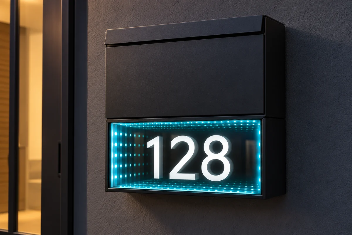 Rectangular mailbox and illuminated infinity-mirror address sign concept