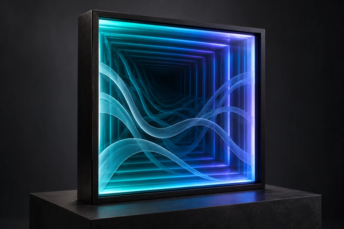 Infinity mirror concept with a deep blue and turquoise light tunnel