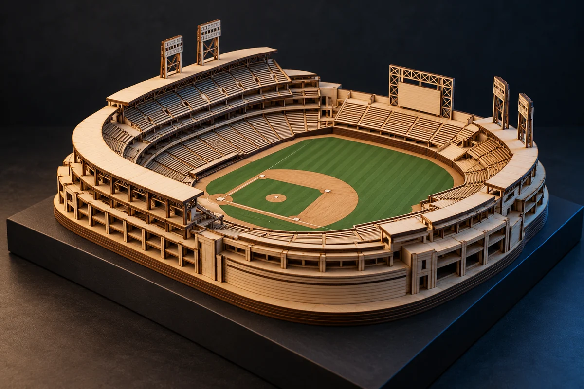 Layered wooden baseball stadium model concept with detailed seating and a playing field